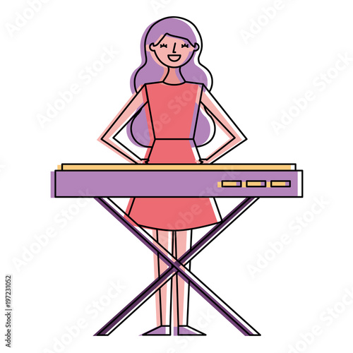 cute cartoon happy woman playing synthesizer vector illustration