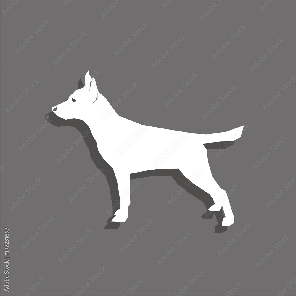 Dog. White vector icon with shadow on gray background.