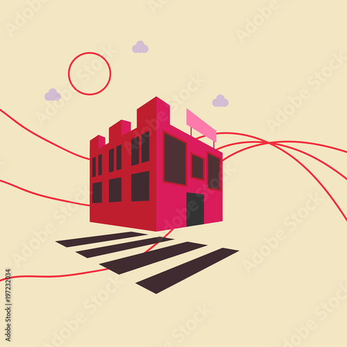 Isometric Virtual Reality imitation vector illustration: San Francisco style shop, hotel or restaurant building. Urban cityscape made in a futuristic glitch virtual reality style.