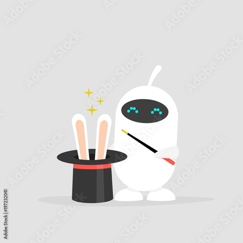 Cute white robot holding a hat with the rabbit ears inside. Magic wand. Flat editable vector illustration, clip art