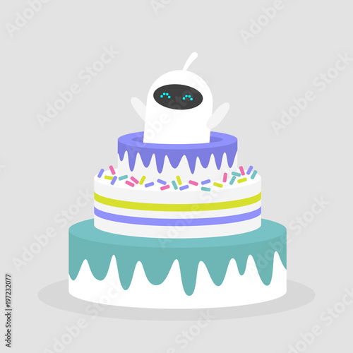 Celebration. Cute white robot jumping out of the cake / flat editable vector illustration, clip art