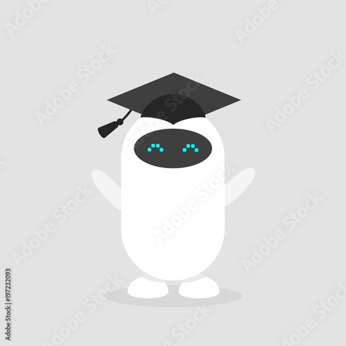 Machine learning. Graduated cute robot wearing a cap/ flat editable vector illustration, clip art