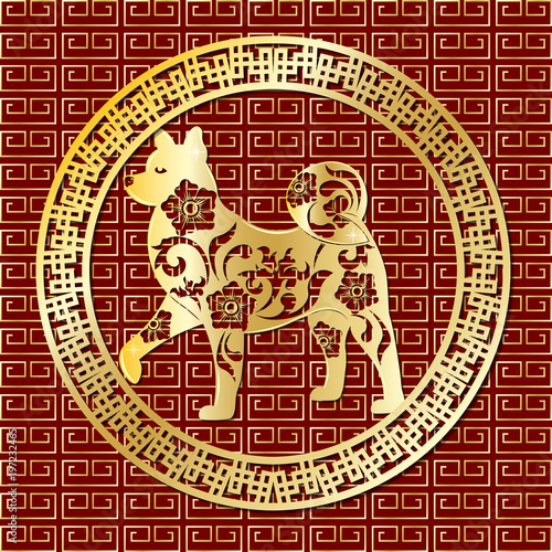 golden dog on Chinese pattern and red background in vector design. photo