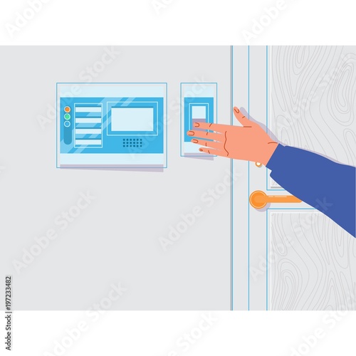 The man is ringing doorbell of building.Vector illustration