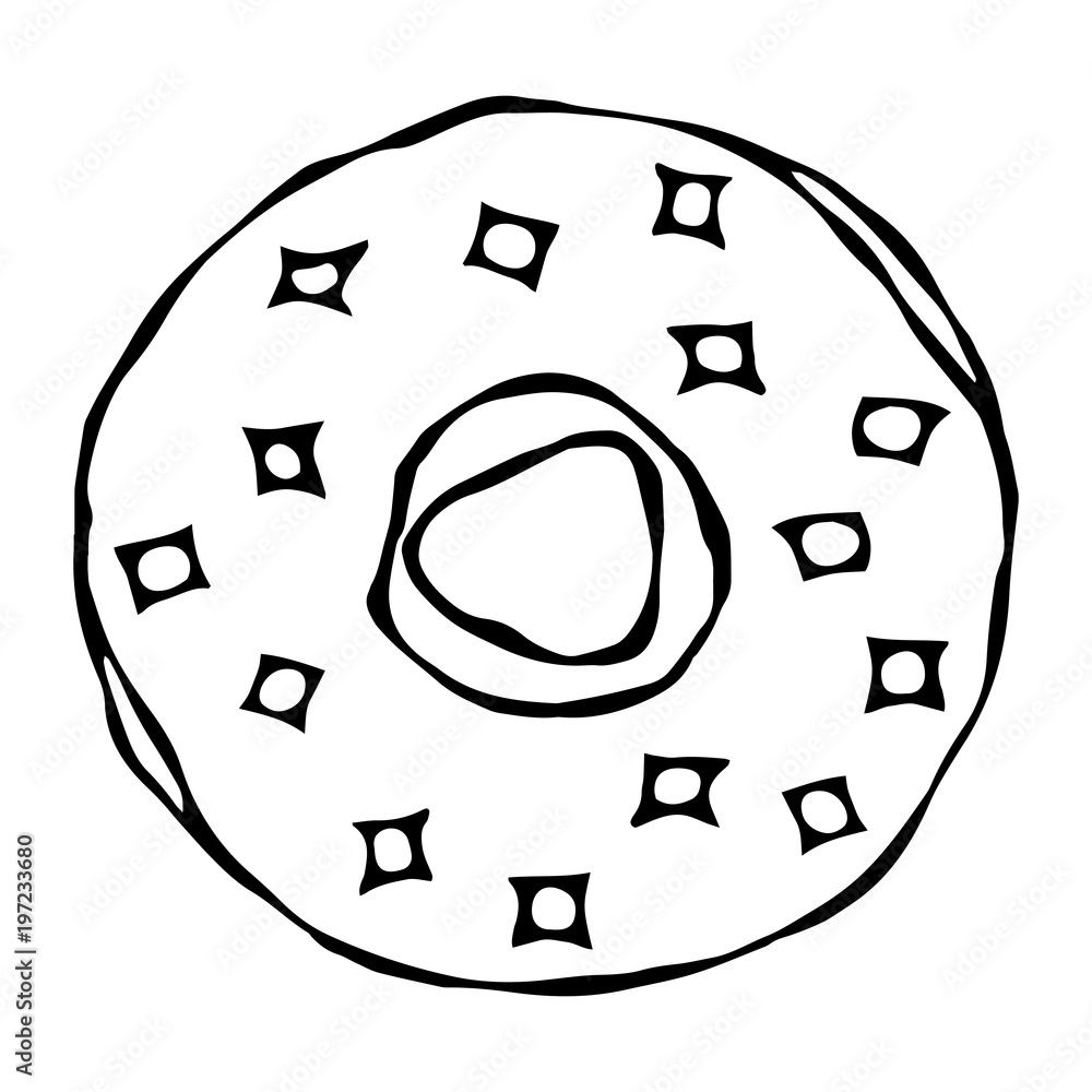 Fototapeta premium Sweet Donut with Sugar Glaze and Stars Confetti Topping. Pastry Shop, Confectionery Design. Round Doughnut with Holes. Best Dessert. Realistic Hand Drawn Illustration. Savoyar Doodle Style.