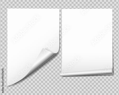 Set of white sheet of paper with bent corner, isolated on transparent background