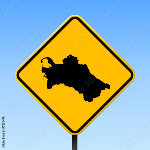 Turkmenistan map on road sign. Square poster with Turkmenistan country map on yellow rhomb road sign. Vector illustration.