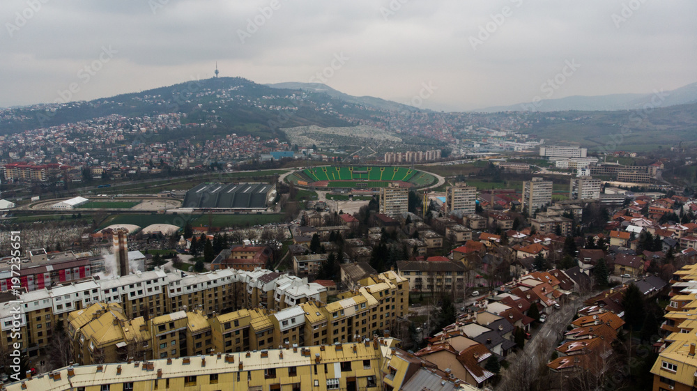 buildings and stadium in distance 