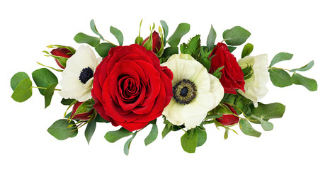 Red rose, anemone flowers and eucalyptus leaves in a line arrangement