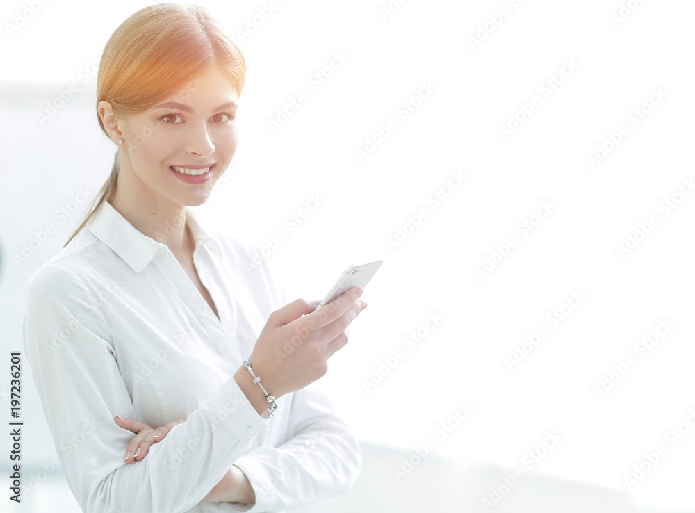 Closeup portrait young business woman, looking at cell phone Closeup portrait young business woman, looking at cell phone
