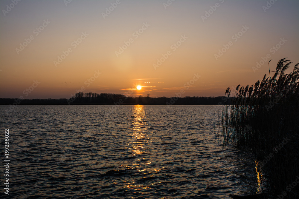 View of the sunset on Danube river, Slovakia, Europe