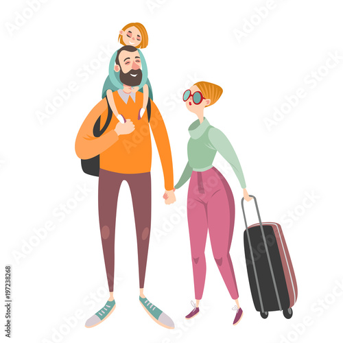 Happy family travels with a child. The girl sits on the shoulders of her father. Vector illustration on white background.