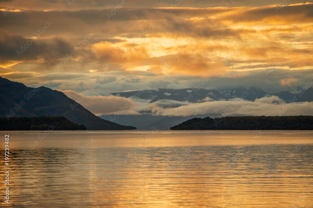 Sunrise with clouds at Naknek Lake in Brooks Falls camp, Alaska
