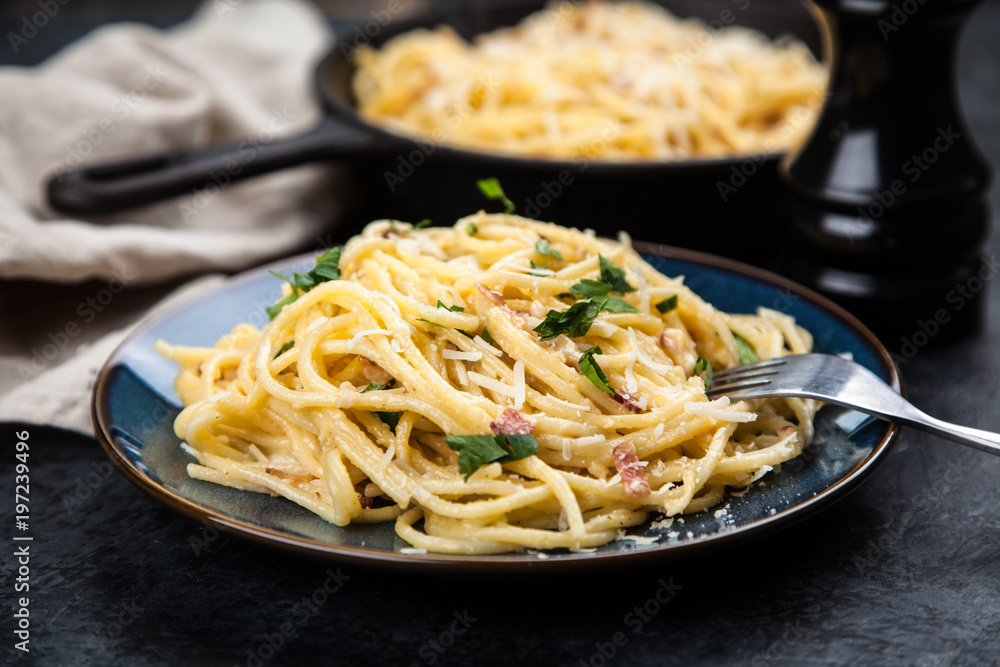 Spaghetti carbonara with egg and pancetta Spaghetti carbonara with egg and pancetta