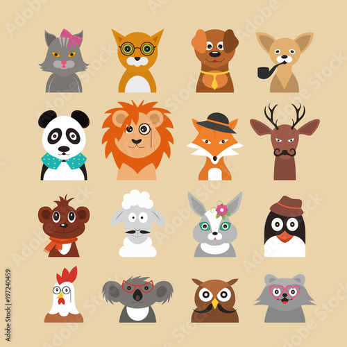 Cartoon Hipster Animals Characters Icon Set. Vector