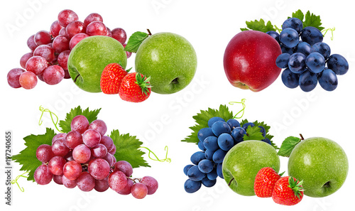 apples grapes  and strawberries isolated on white background