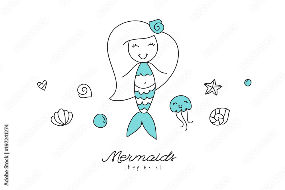 cartoon mermaid, shells, starfish, jellyfish and bubbles, sea elements for design cartoon mermaid, shells, starfish, jellyfish and bubbles, sea elements for design