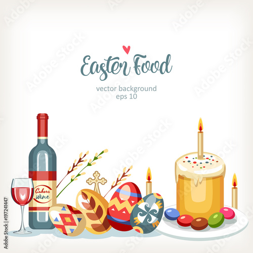 Easter horizontal festive food background with traditional easter eggs and cakes willow and wine lying on the table