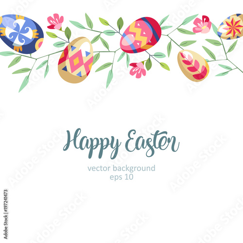Easter great horizontal floral background with colored easter eggs growed at branch of tree