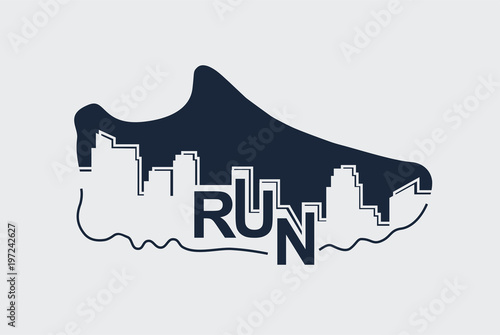 abstract poster - running, sport shoe and the city. Vector illustration.