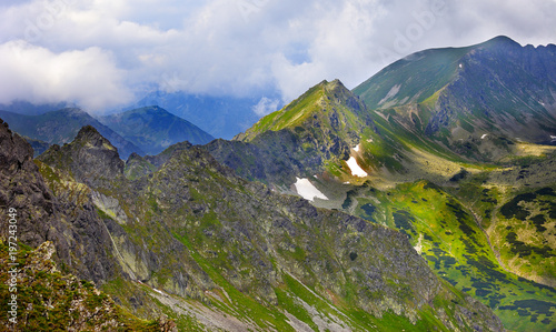 Poland, Tatra Mountains, Zakopane - Dolina Pieciu Stawow Valley, Zadni Staw Pond, Kotelnica, Gladki, Walentkowy peaks, Gladka and Walentkowa Pass with High Tatra mountain range panorama in background photo