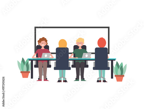 office team of employees working on their laptops at the table potted plants and board vector illustration
