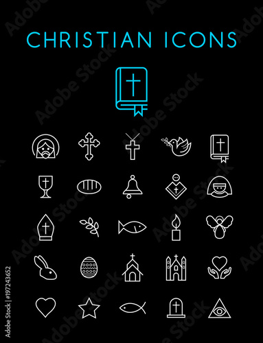 Set of Quality Isolated Universal Standard Minimal Simple Christian White Thin Line Icons on Black Background