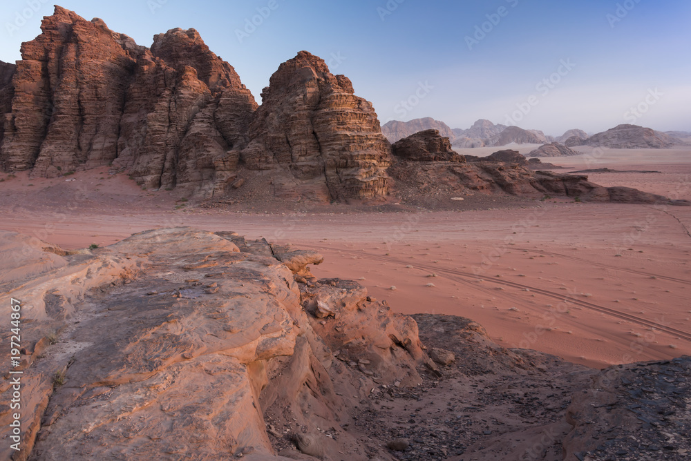 Mountains in sunset in Wadi Rum desert in Jordan