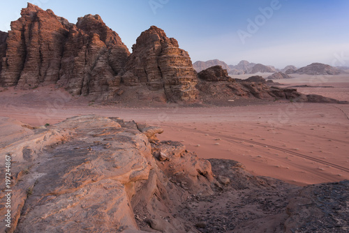 Mountains in sunset in Wadi Rum desert in Jordan