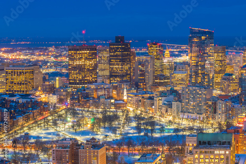 Aerial view of Boston skyline and Boston Common park in Massachusetts, USA at sunset in winter photo