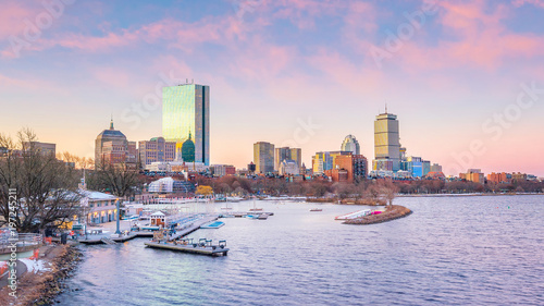 Panorama view of Boston skyline with skyscrapers at twilight in United States