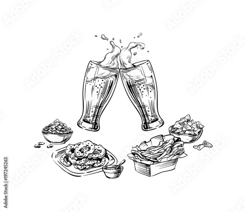 Composition of drinks and snacks. Set of food. Two Beer glasses, mugs, pint with a foam splash clinking. Hand drawing graphic Sketch for Oktoberfest or menu the restaurant, pub, bistro, bar. Vector