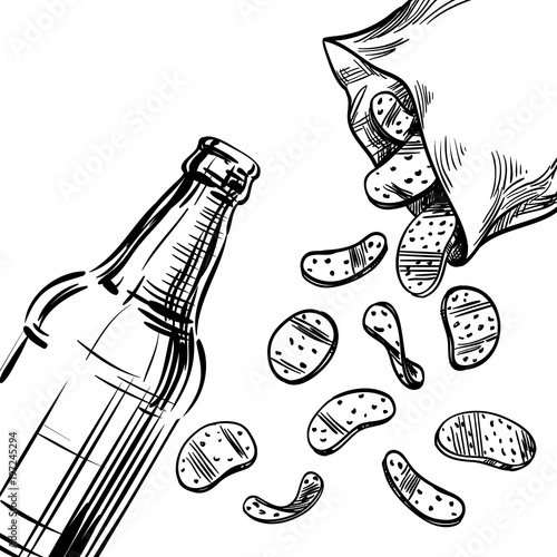 Composition From a Bottle of Beer and Snacks, chips that poured from an open package from the top. Hand drawn sketch for the poster, apron, menu, interior decoration of restaurants, pub, bar. Vector