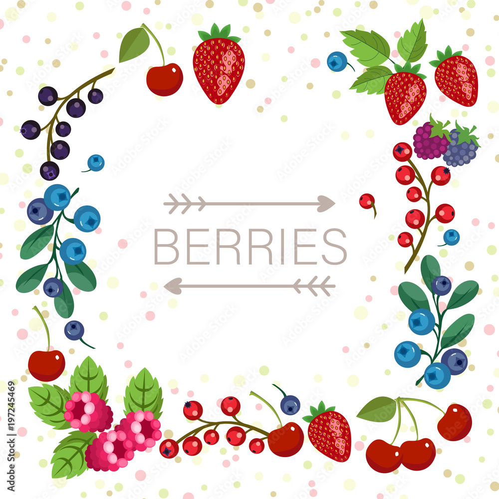 Frame of garden berries with place for text inside, sketch style