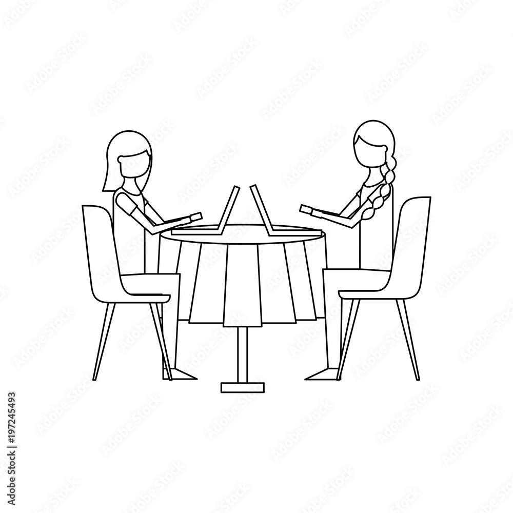 girls people sitting at the table using laptop vector illustration outline design girls people sitting at the table using laptop vector illustration outline design