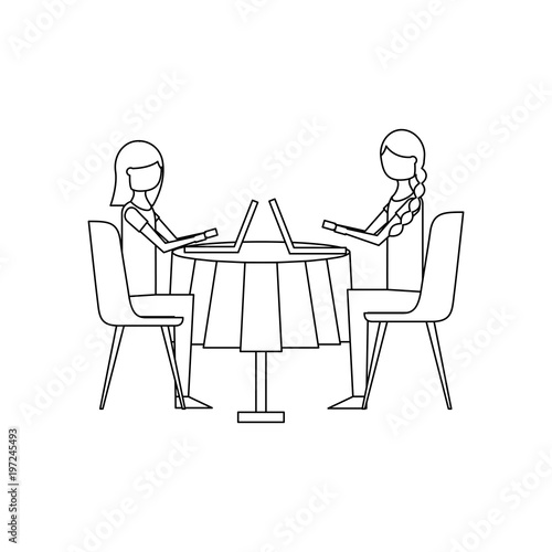 girls people sitting at the table using laptop vector illustration outline design