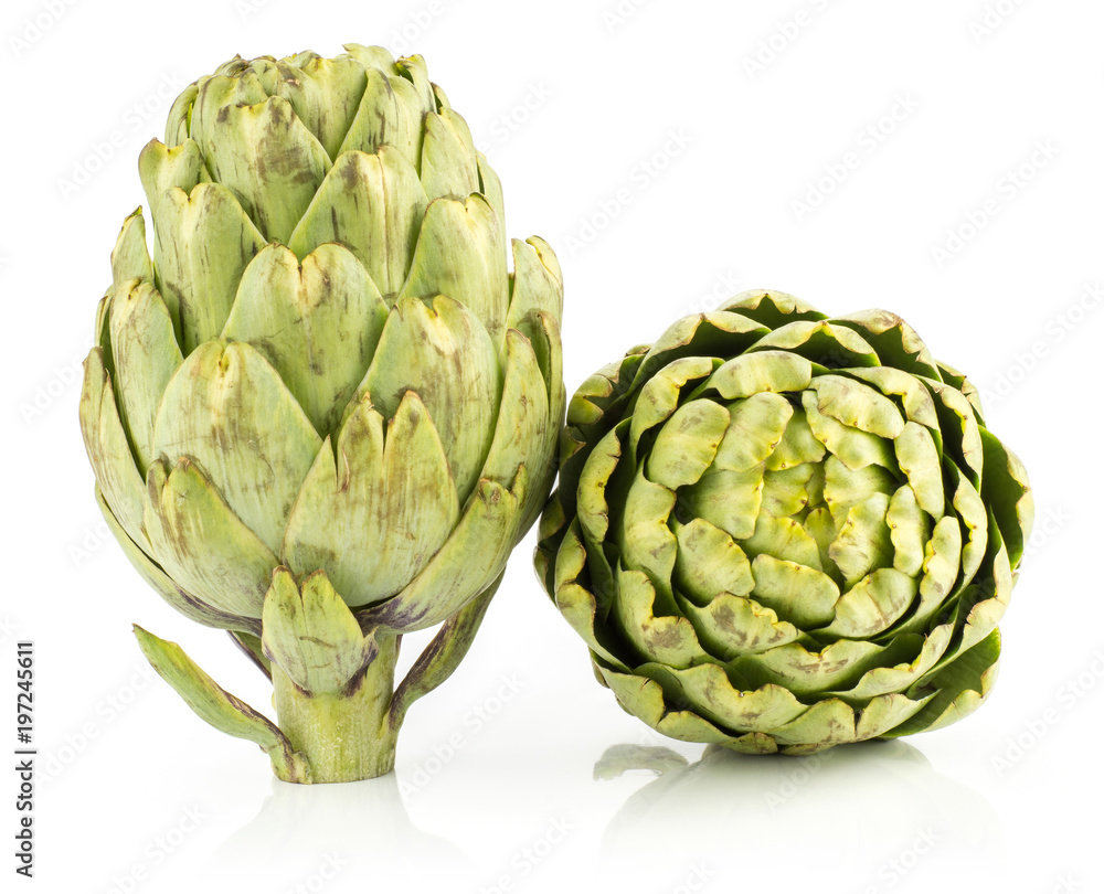 Fototapeta premium Two globe artichoke flowers isolated on white background fresh raw.