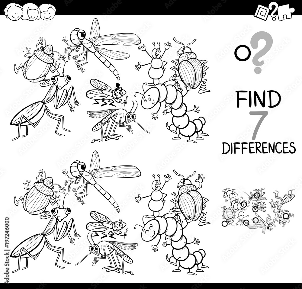 differences game with insects coloring book