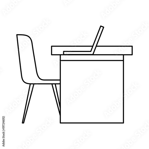 workspace office desk laptop chair view side vector illustration outline design