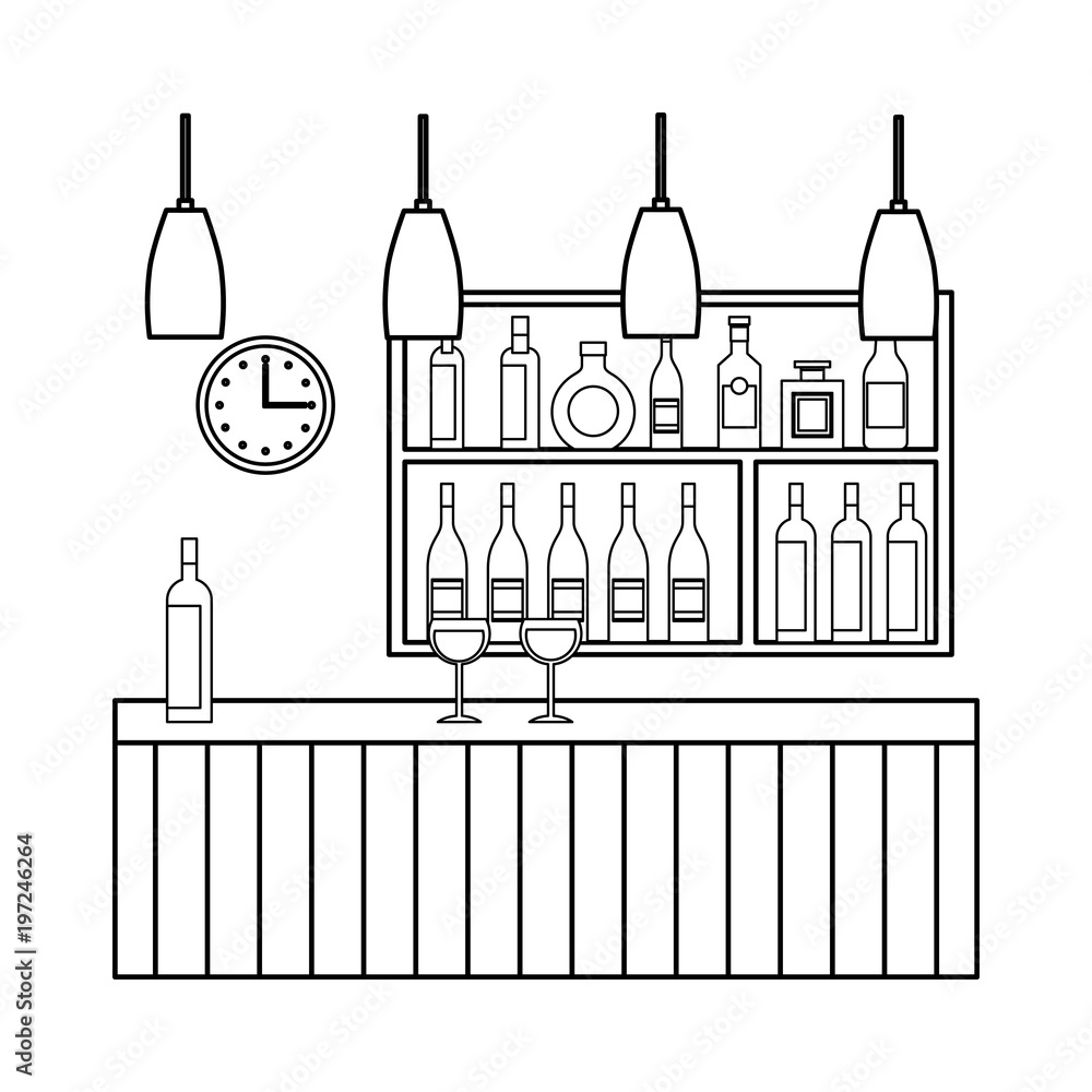 bar restaurant interior shelf counter beverage alcohol and glass cups vector illustration outline design