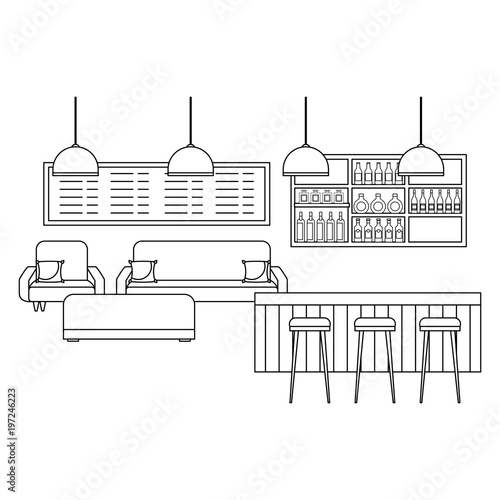 coffee shop interior counter stools sofa menu vector illustration outline design