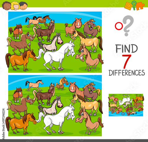 find differences game with horses animal characters