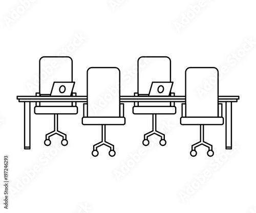 workspace meeting table chairs and laptop computers vector illustration outline design