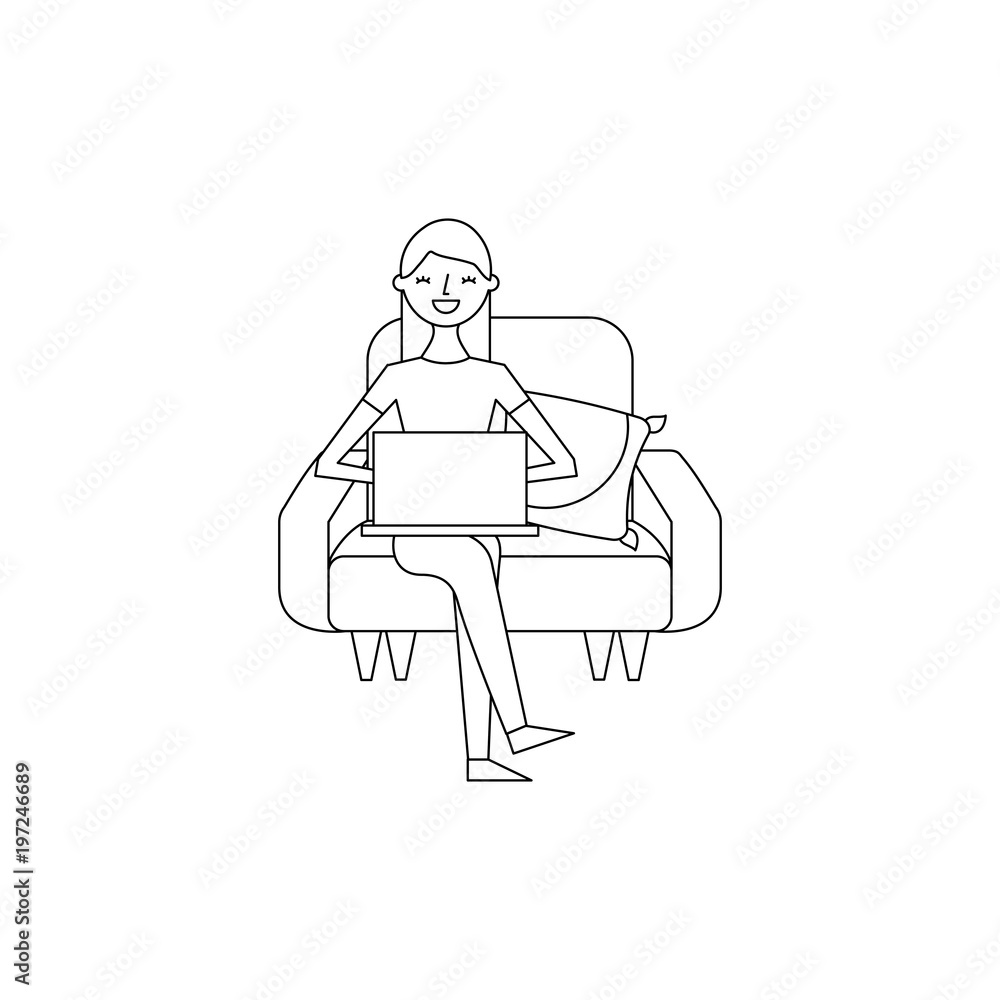 happy woman sitting in the sofa with her laptop vector illustration outline design