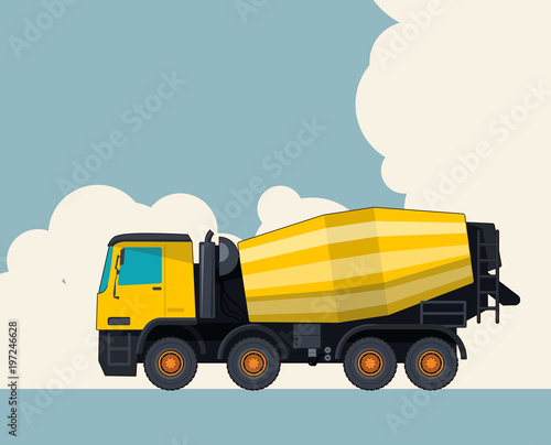 Big yellow concrete mixer truck, sky with clouds in background. Banner layout with cement mixer. Vintage color stylization. Construction machinery vehicle and ground works. Illustration vector.
