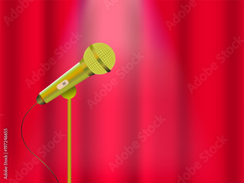 Vector illustration of a concept of karaoke, concert or festival. Microphone on stage and closed curtain.