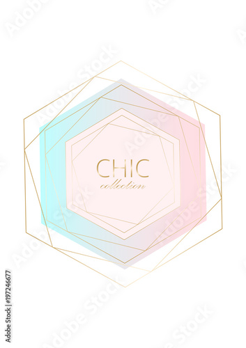 Set of Trendy Chic pastel colored cards with Gold geometric shapes. Abstract unusual textures for wedding invitation cards, business cards, fashion headers, posters, artistic backgrounds. Vector