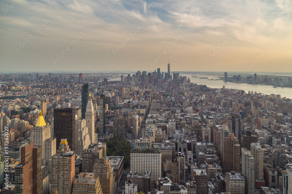 Aerial view of Manhattan skyline in the evening summer.