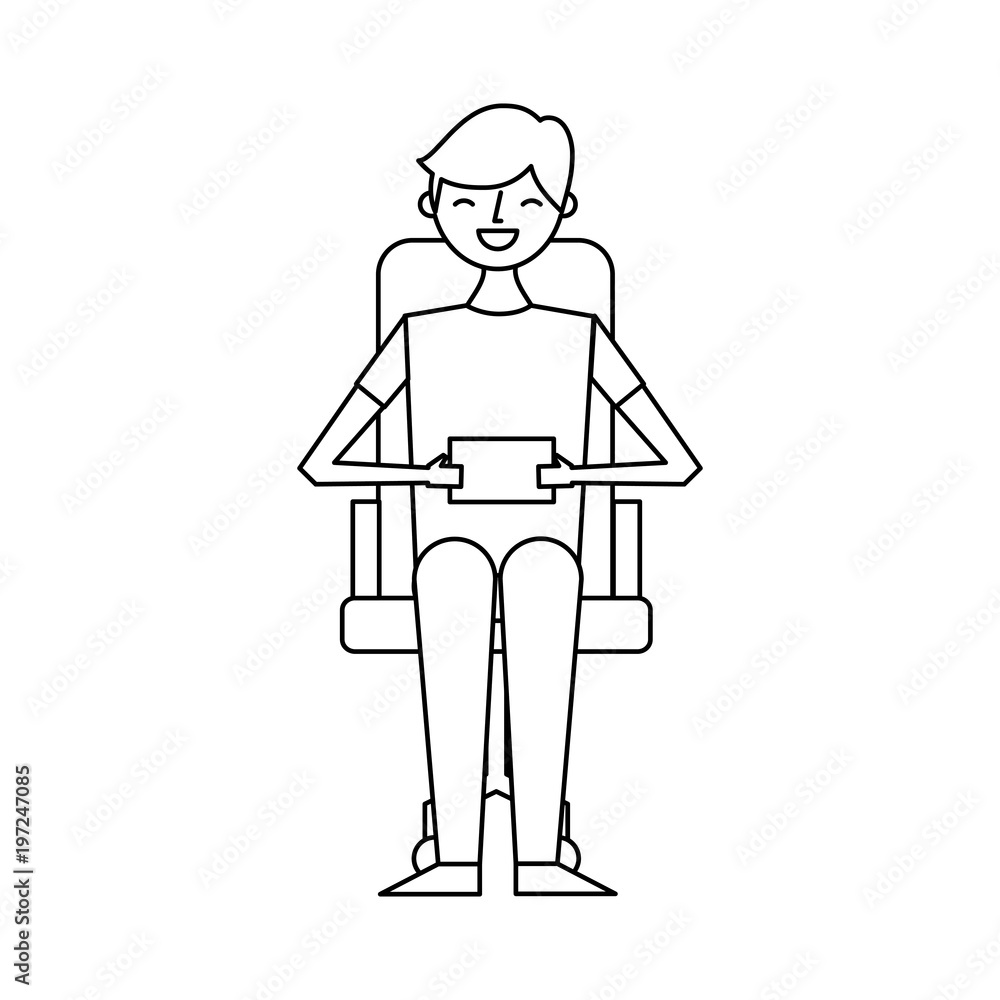 smiling young man sitting in the chair with mobile in hands vector illustration outline design