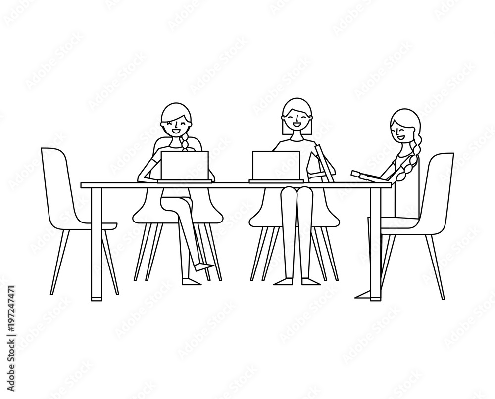 people group women sitting working together with laptops vector illustration outline design